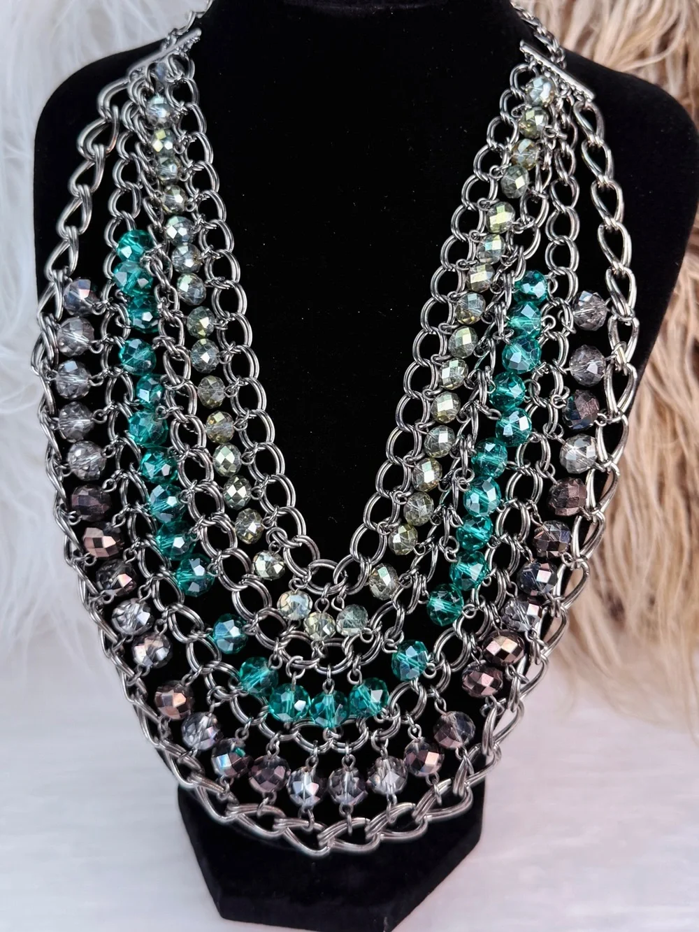 Multi Strand Dark Silver Tone Chain Teal Faceted Bead Bib Statement Necklace